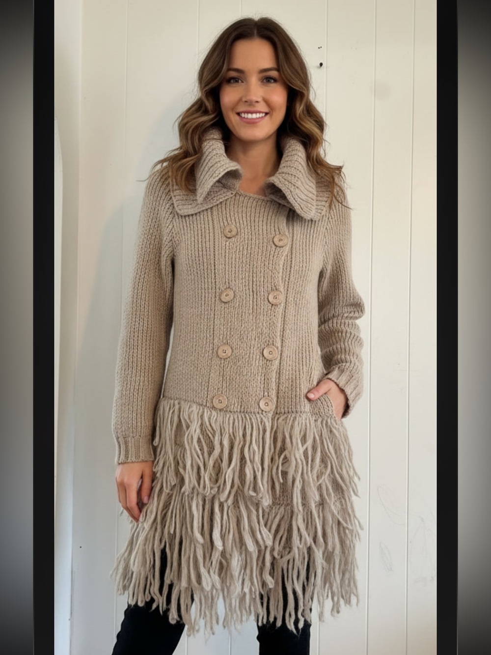 Sisley Italy Vintage Mohair Alpaca Wool Fringe Long Cardigan Sweater Coat XS 70s